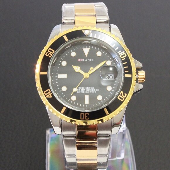 Men's Diver Style Watch Black Bezel Silver Gold Tone 40mm - Picture 3 of 14